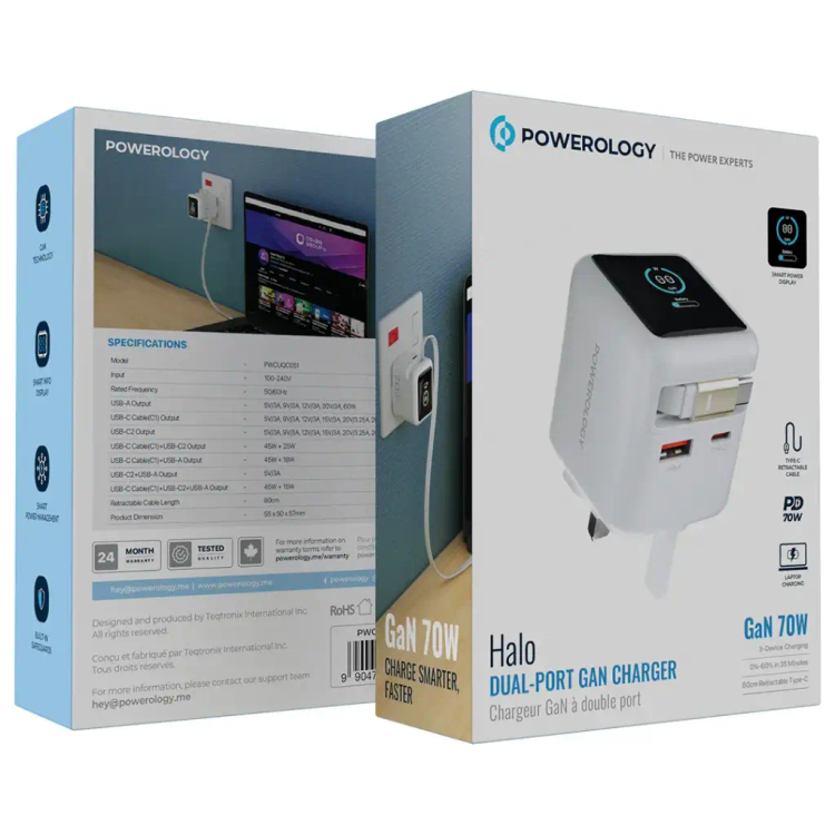 شارژر دیواری گان پاورولوژی مدل PWCUQC051 Halo توان ۷۰ وات